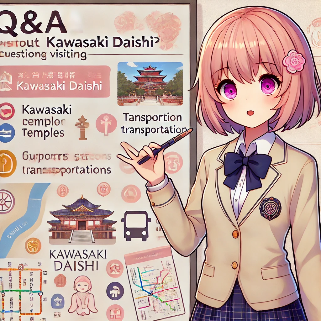 川崎大師のQ&Aを解説するさくらと、案内用ボードの構図。